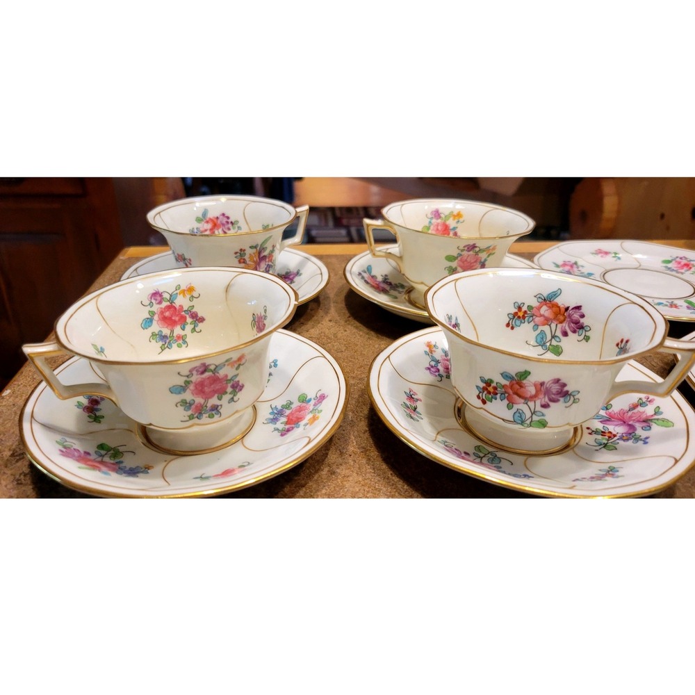 Antique Floral Porcelain Tea Set 4 Cups 4 Saucers 6 lunch Hand Painted Flower